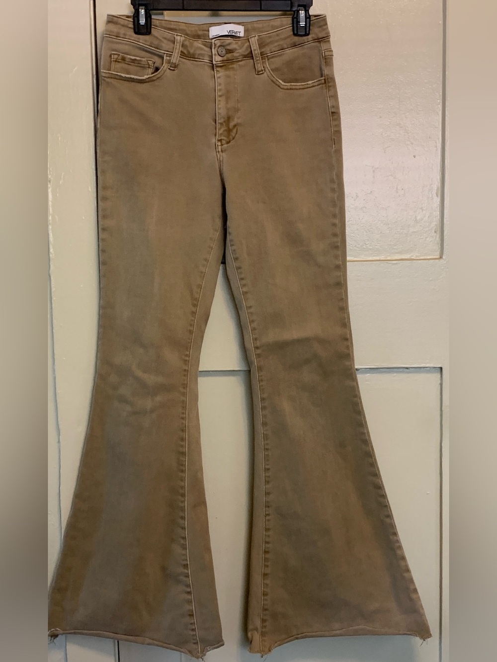 Stone Washed Tan Vervet Denim Jeans Super Flare High Rise Raw Hem